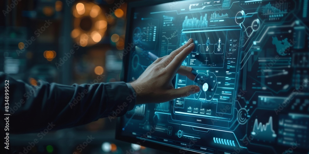 Person touching futuristic computer screen with interface Person touching futuristic computer screen with interface