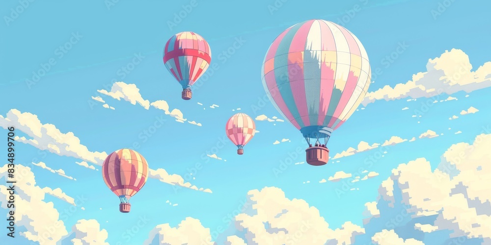 Obraz premium Hot air balloons floating in a blue sky with white clouds.