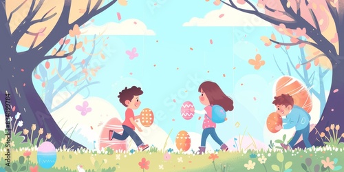 Three happy children are hunting for Easter eggs in a field.
