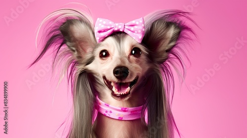 Happy and cheerful dog with long hair and decorations on a pink background.