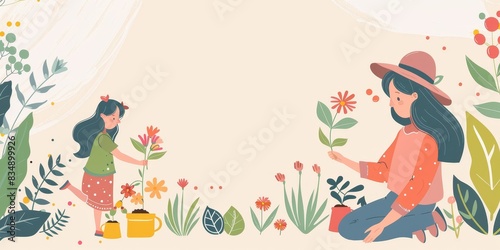 Two young woman planting and watering flowers in the garden.
