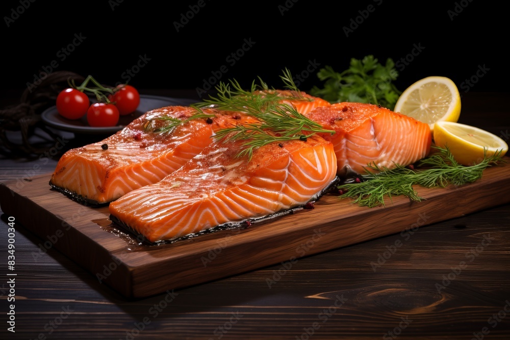 Fresh salmon fillets garnished with dill and lemon on a wooden board, ready for cooking. Ideal for seafood, culinary, and healthy eating themes. Fresh salmon fillets garnished with dill and lemon on a wooden board, ready for cooking. Ideal for seafood, culinary, and healthy eating themes.