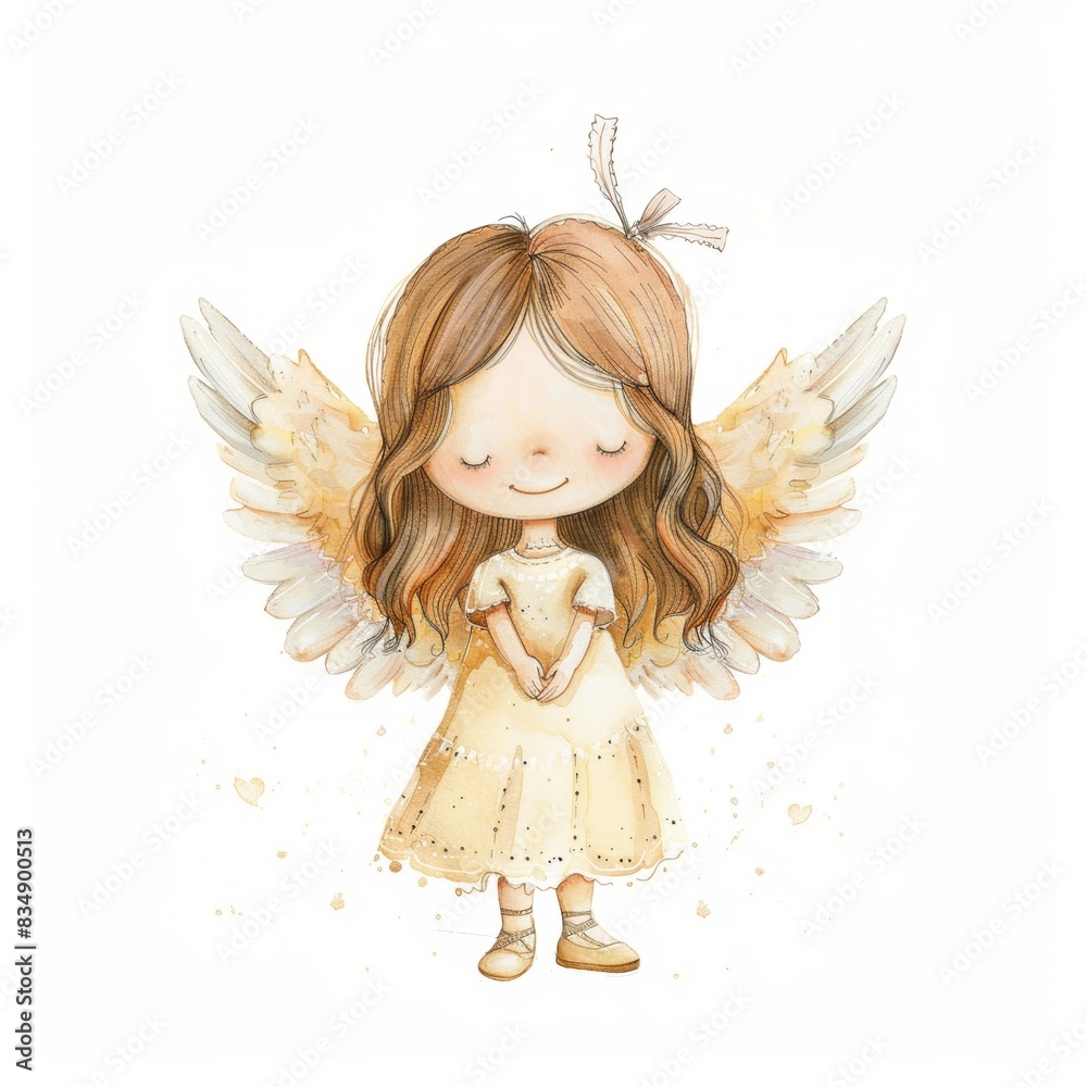 Fototapeta premium Cute cartoon character angel with wings. Nursary art.