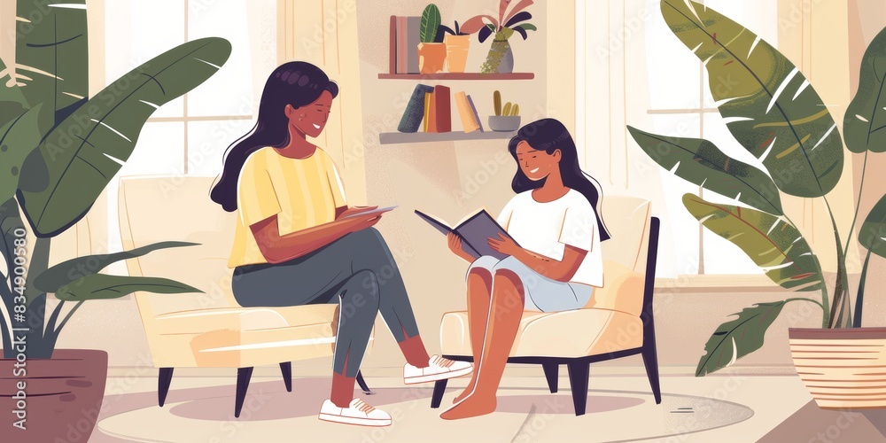 Fototapeta premium A mother is reading a book to her daughter. They are sitting in a comfortable living room, surrounded by plants. The mother is smiling and the daughter is engrossed in the book.