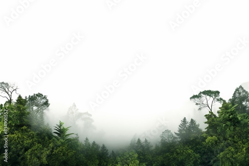 Lush green forest with misty canopy, creating a serene and tranquil natural landscape under a clear white sky.