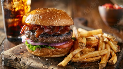 A classic American burger with crispy fries and a cold soda, served on a rustic wooden table.