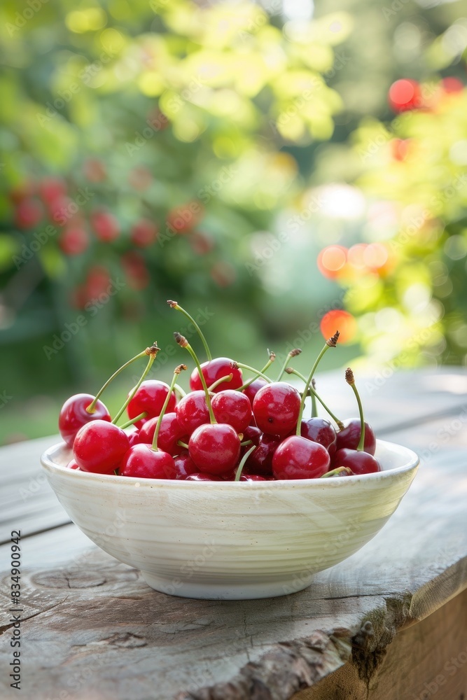 cherry in a white bowl on a wooden table nature background. Selective focus cherry in a white bowl on a wooden table nature background. Selective focus