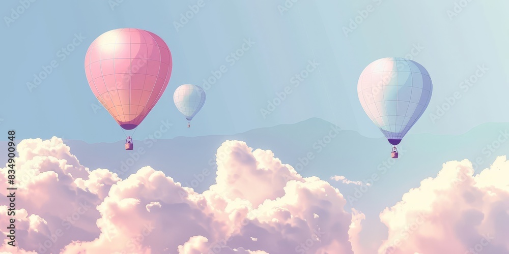 Fototapeta premium Hot air balloons floating in a cloudy sky.