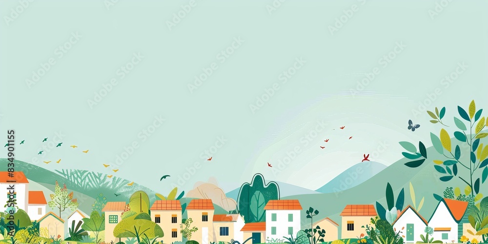 Fototapeta premium Small village with green trees and mountains in the background.