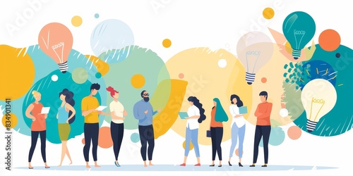Group of diverse people standing together with speech bubbles.