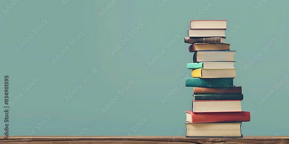 Stack of hardcover and paperback books on a wooden table with a blue background. Stack of hardcover and paperback books on a wooden table with a blue background.