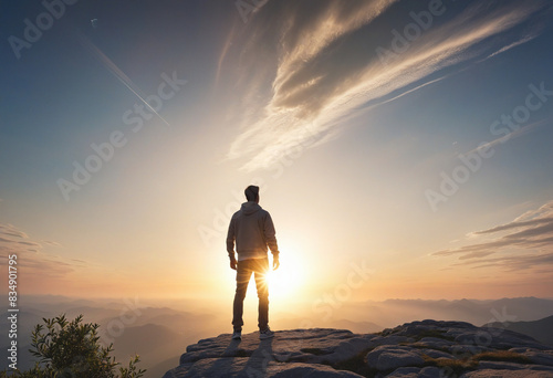 Heavenly Vision: A Man Standing in Abstract Faith, Looking Towards the Majestic Sky