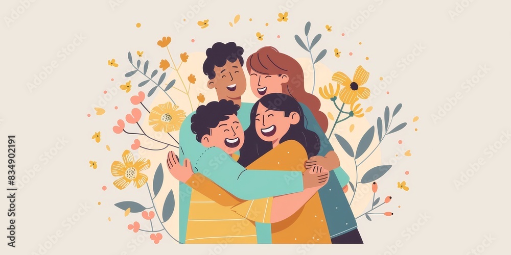 Happy family hugging each other with love and joy surrounded by flowers. Happy family hugging each other with love and joy surrounded by flowers.