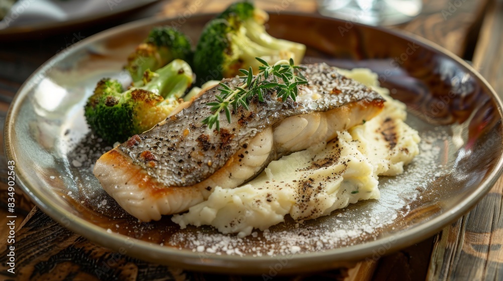 A delectable fish steak served with creamy mashed potatoes and steamed broccoli florets on a classic round plate, adorned with a sprig of fresh thyme, in an upscale dining establishment. A delectable fish steak served with creamy mashed potatoes and steamed broccoli florets on a classic round plate, adorned with a sprig of fresh thyme, in an upscale dining establishment.
