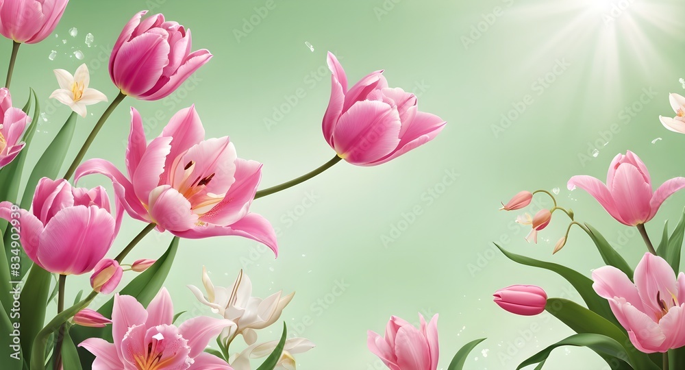 Fototapeta premium pink tulips on green background