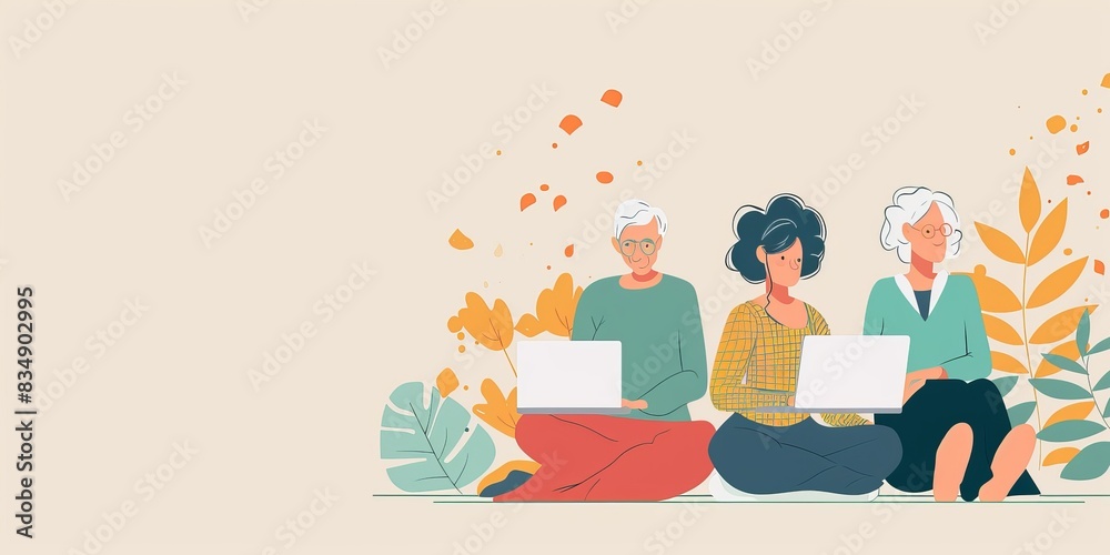 Three women of different ages are sitting on the ground and using laptops. Three women of different ages are sitting on the ground and using laptops.