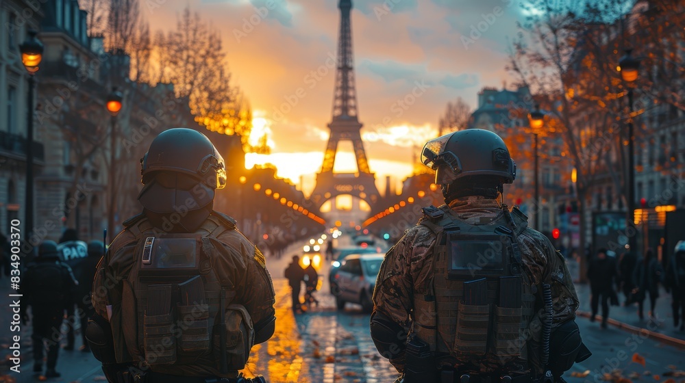 Police security measures in Paris city streets, Eiffel tower background