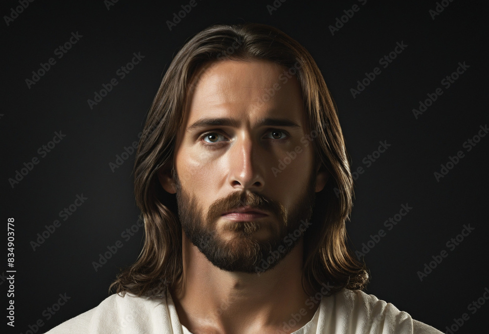 Fototapeta premium Afterglow: A textured portrait of Jesus Christ with copy space, exuding spirituality and faith