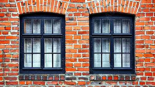 Two neighboring windows with white frames in a urban red bricks house. photo