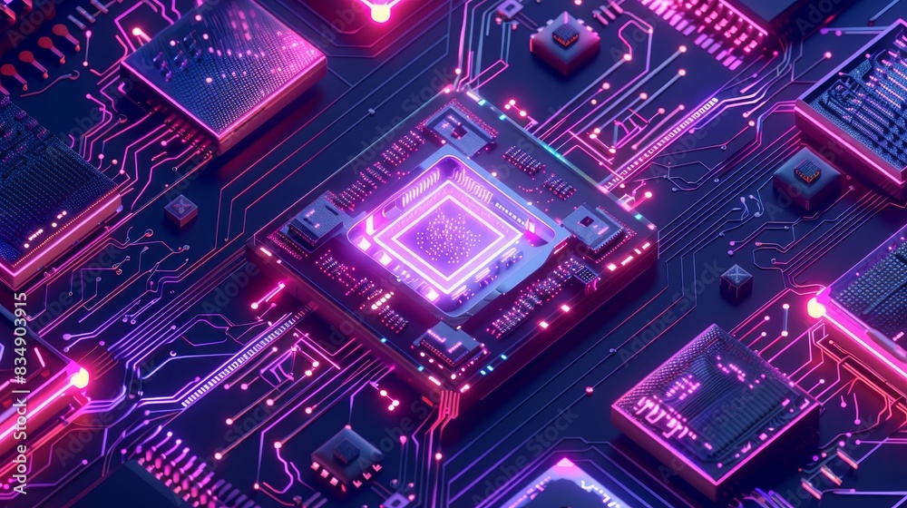 Abstract close-up of a glowing computer motherboard with neon lights, showcasing modern technology and innovation in computing. Abstract close-up of a glowing computer motherboard with neon lights, showcasing modern technology and innovation in computing.
