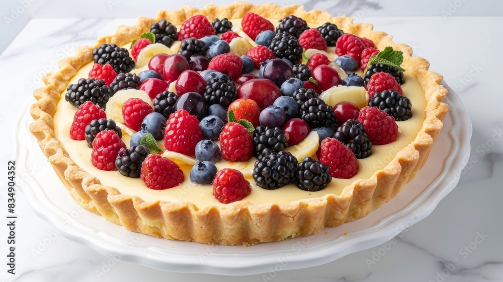 A delicious fruit tart with a buttery crust, creamy custard filling, and fresh berries arranged artfully on top, served on a white porcelain platter. A delicious fruit tart with a buttery crust, creamy custard filling, and fresh berries arranged artfully on top, served on a white porcelain platter.
