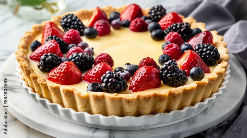 A delicious fruit tart with a buttery crust, creamy custard filling, and fresh berries arranged artfully on top, served on a white porcelain platter. A delicious fruit tart with a buttery crust, creamy custard filling, and fresh berries arranged artfully on top, served on a white porcelain platter.