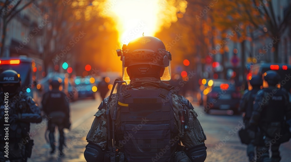 Police security measures in the city streets, group of policemen patrol in body armor and gas mask Police security measures in the city streets, group of policemen patrol in body armor and gas mask