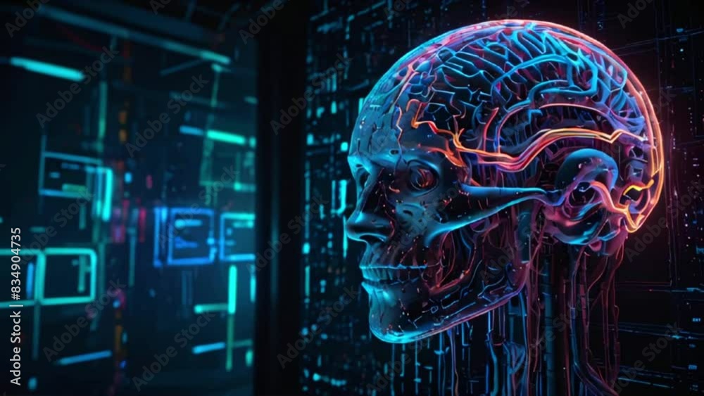 A human brain inside a glass skull. The brain is glowing with blue and purple light and there are circuit board-like patterns in the background. A human brain inside a glass skull. The brain is glowing with blue and purple light and there are circuit board-like patterns in the background.