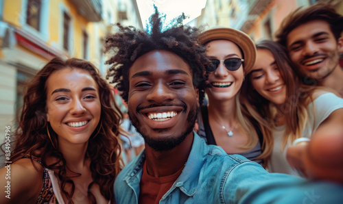 Group of young friends taking a selfie on a street, smiling and having fun
