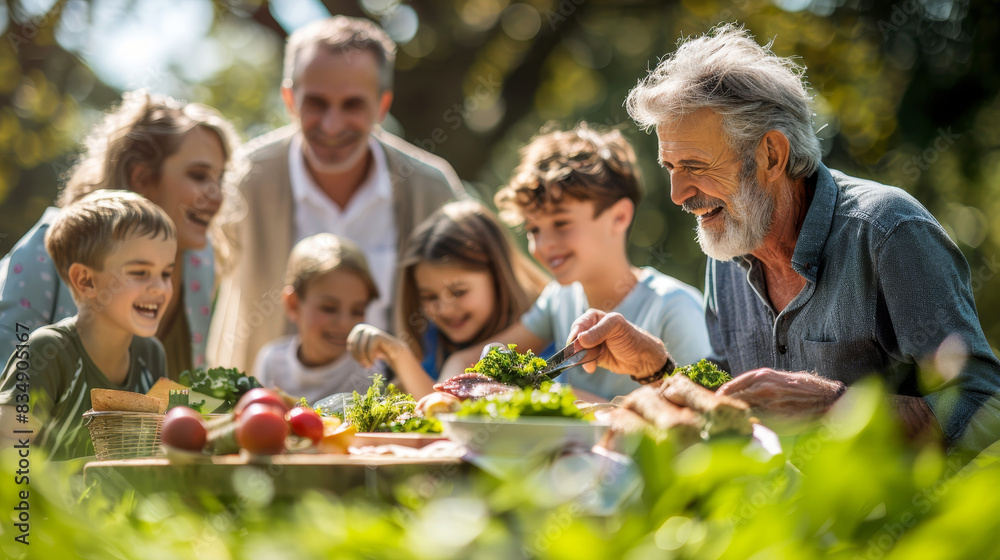 Multigenerational family enjoying a sunny outdoor picnic with laughter and fresh food Multigenerational family enjoying a sunny outdoor picnic with laughter and fresh food