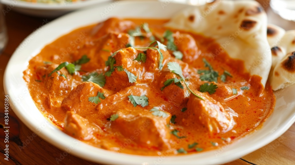 A delicious plate of butter chicken with creamy tomato sauce, garnished with fresh cilantro and served with naan bread. A delicious plate of butter chicken with creamy tomato sauce, garnished with fresh cilantro and served with naan bread.