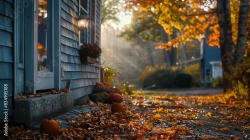 Serene Autumn Morning Outside a Cozy Home with Golden Leaves and Sunrays photo