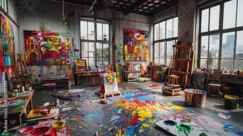 Colorful Artist's Studio Overflowing with Paintings and Supplies