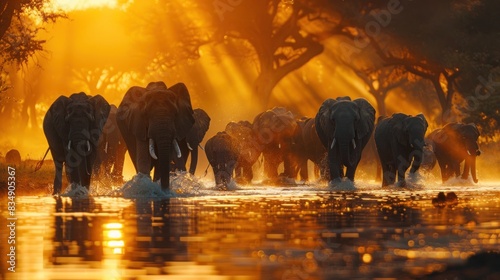 Majestic Elephants Marching at Sunset in Reflection of the Water