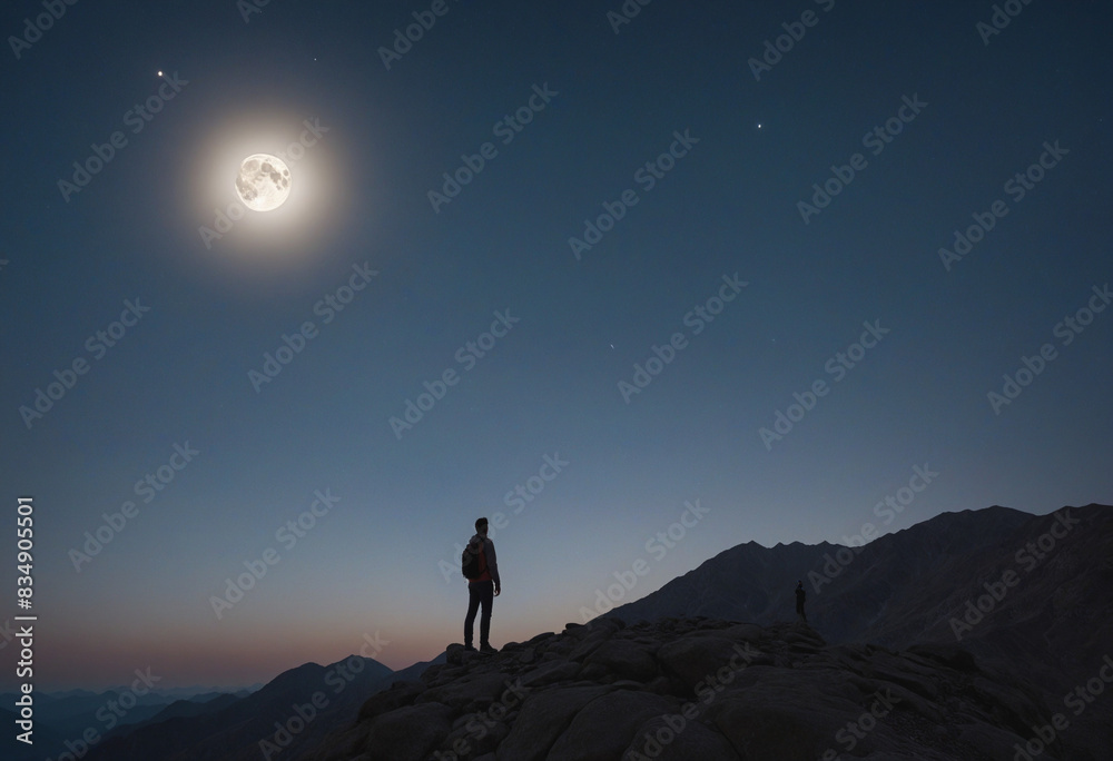 Fototapeta premium Man gazing at the moon from the mountaintop in silhouette under a starry sky