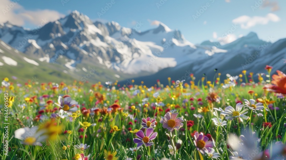Pristine Alpine Meadow with Colorful Wildflowers and Snow-capped Mountains