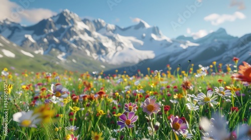 Pristine Alpine Meadow with Colorful Wildflowers and Snow-capped Mountains