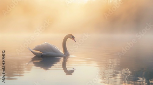 Serene Swan on Misty Lake at Golden Hour, Nature's Tranquility Captured