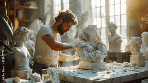 Talented sculptor meticulously chisels a marble statue in a sunlit studio, surrounded by classical busts photo