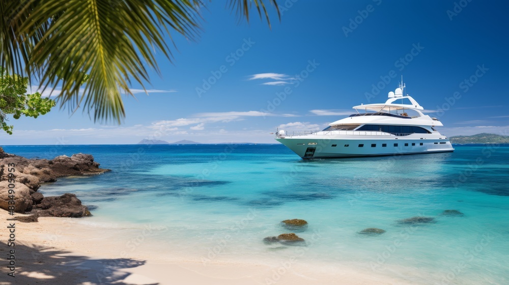 Fototapeta premium Exclusive Vacation: Private Yacht Anchored Near Pristine Sandy Beach Under Clear Skies. Generative AI