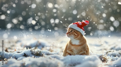 A cute cat wearing Christmas cap in snow field in winter. photo