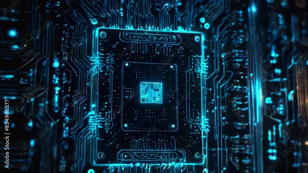 A glowing blue circuit board with a central processor. A glowing blue circuit board with a central processor.