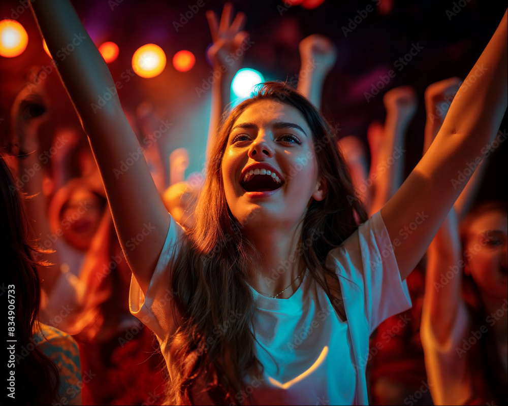 Joyful young woman celebrating at a concert Joyful young woman celebrating at a concert