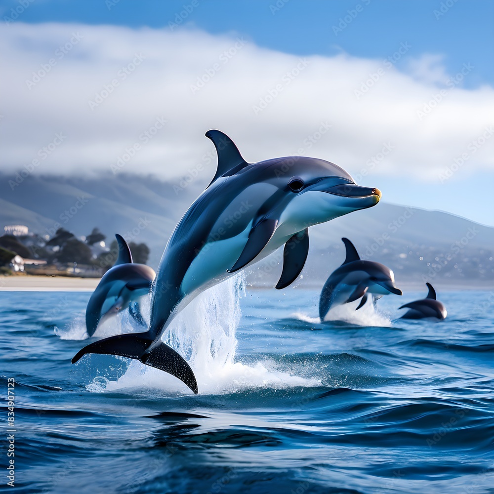 Fototapeta premium Nature's Spectacle: Dolphins Leaping in the Sunlit Waves