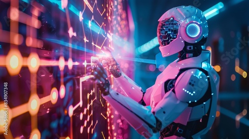 Futuristic robot interacting with a digital interface. AI, technology, and robotics concept with vibrant neon lights in the background.
