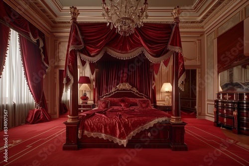 /imagine An elegant bedroom featuring a grand canopy bed with red silk drapes, a crystal chandelier overhead, and a plush red carpet underfoot.