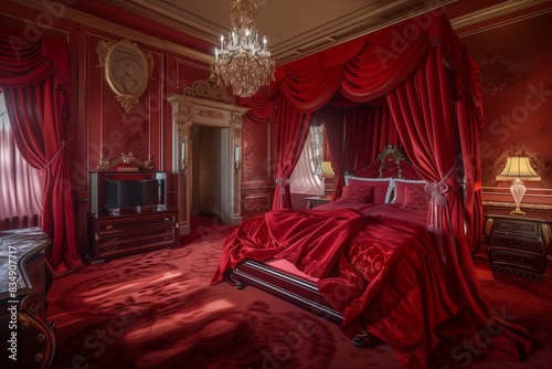 /imagine An elegant bedroom featuring a grand canopy bed with red silk drapes, a crystal chandelier overhead, and a plush red carpet underfoot.