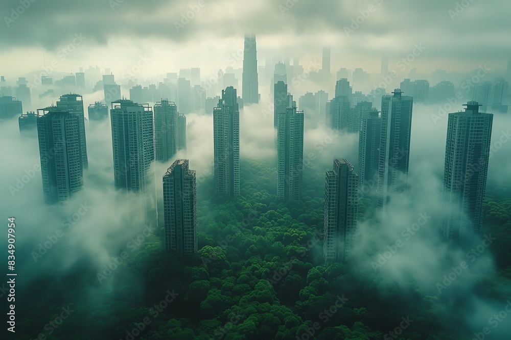 Aerial view of a city shrouded in fog with tall buildings emerging from the clouds. Aerial view of a city shrouded in fog with tall buildings emerging from the clouds.