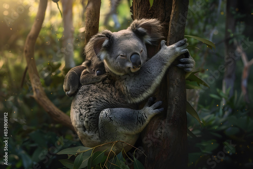 A high-definition wildlife photograph in National Geographic style, featuring a full-body view of an ultra-realistic adult koala bear clinging to a tree branch, with a baby koala bear lying on its bac