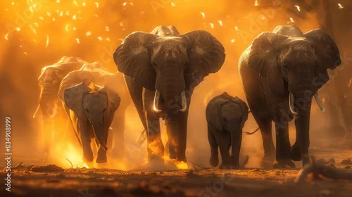 Fototapeta Majestic Elephant Herd Marching in Golden Light Through Dust
